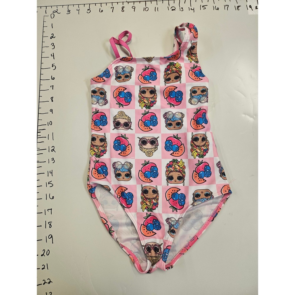 LOL Surprise Girls Pink Checkered Fruit One Piece Swimsuit Size 6X